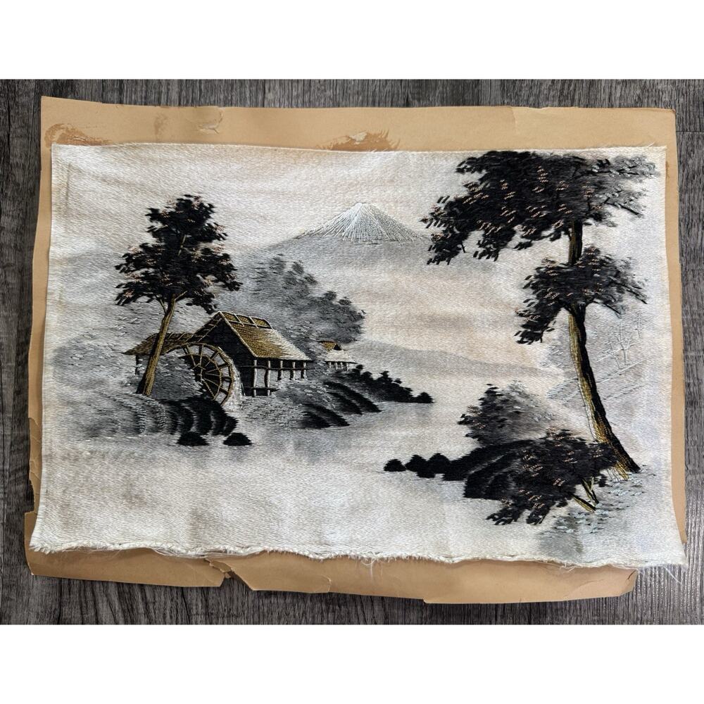 Vintage Silk Screen Hand Embroidered Fabric Nature Wall Textile Art Fabric Gold